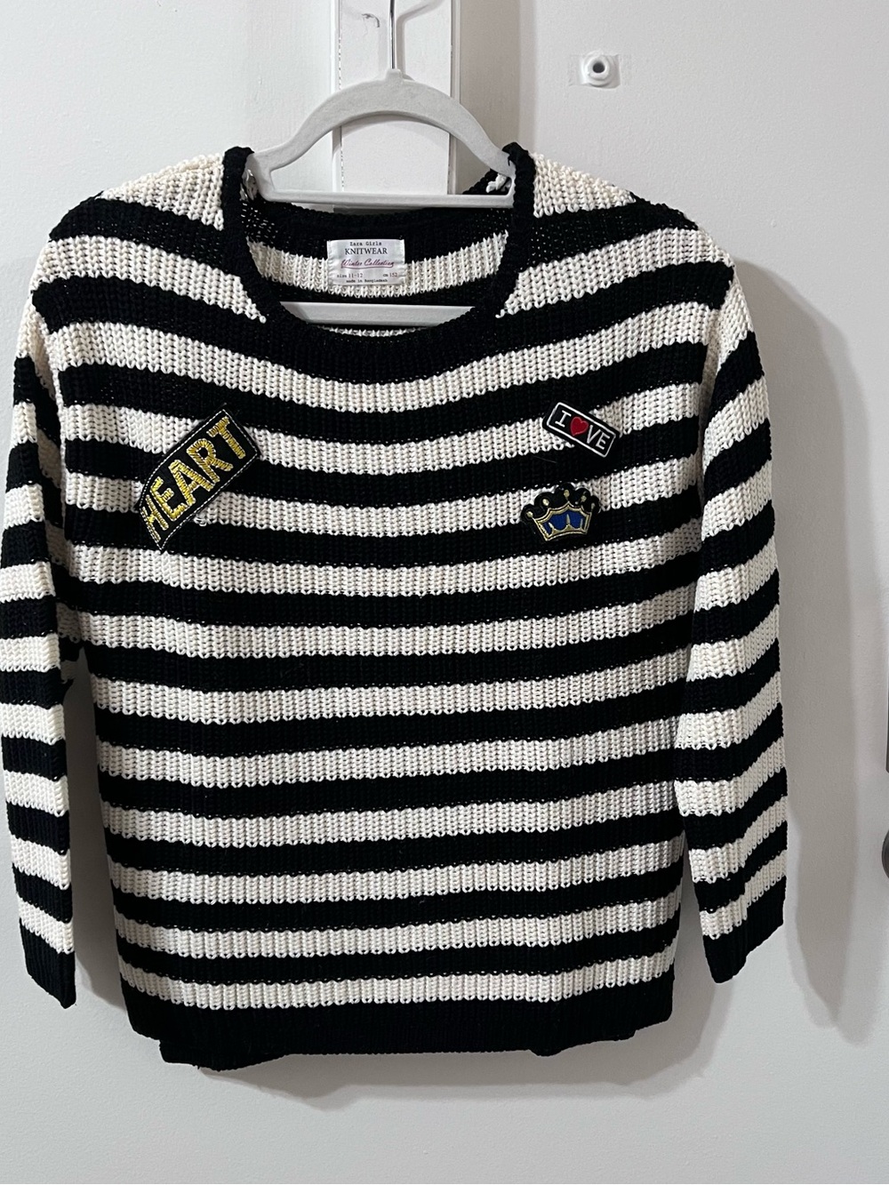 Zara Black & White Striped Knit Sweater with Patches